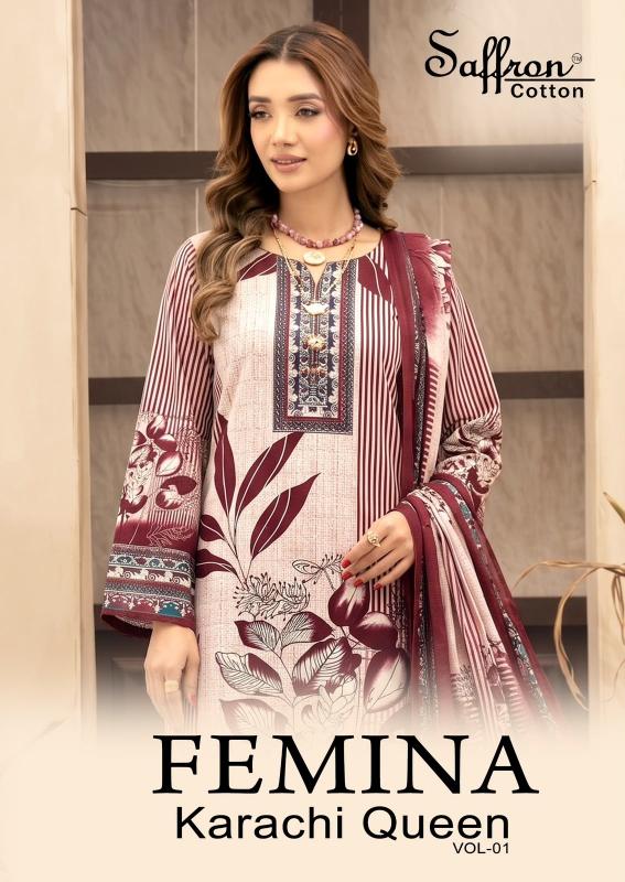 Saffron femina karachi queen vol 1 cotton dress materials wholesalers